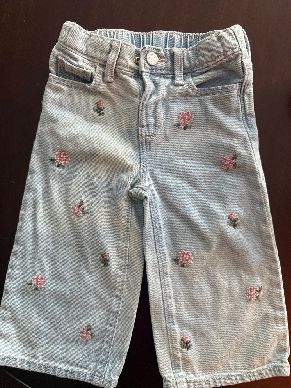 Old Navy Light Blue Straight Leg Jeans with Pink Floral Embroidery